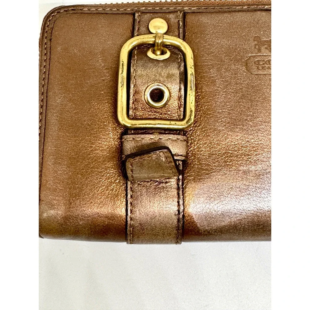 Coach Metallic Bronze Leather Zip Around Buckle Wallet Vintage Y2K Brass Logo